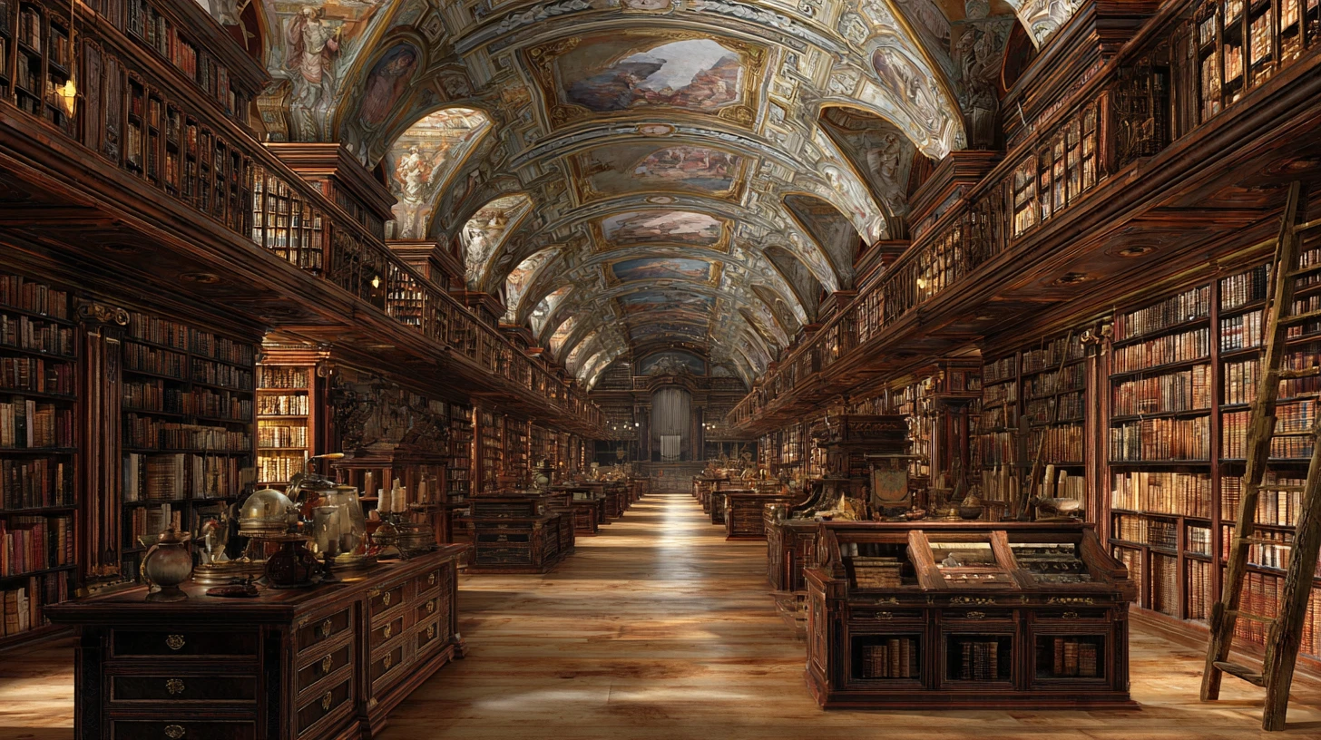 Amplo salão de biblioteca com estantes imponentes e luz acolhedora