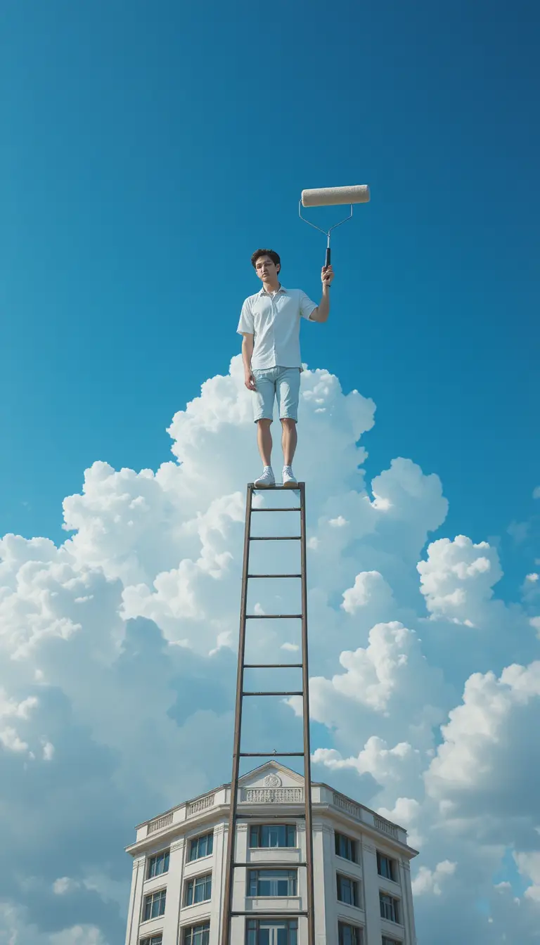 Uomo su una scala che dipinge nuvole realistiche nel cielo