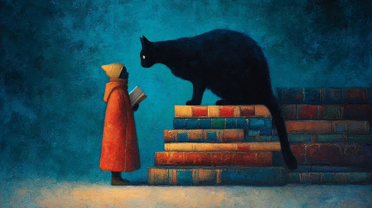 Professor und schwarze Katze in einer surrealen versunkenen Bibliothek