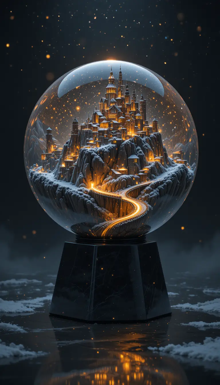 Sfera di cristallo con città invernale luminosa e fiume dorato