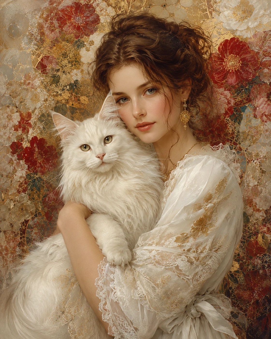 Dama elegante segurando gato branco em close artístico