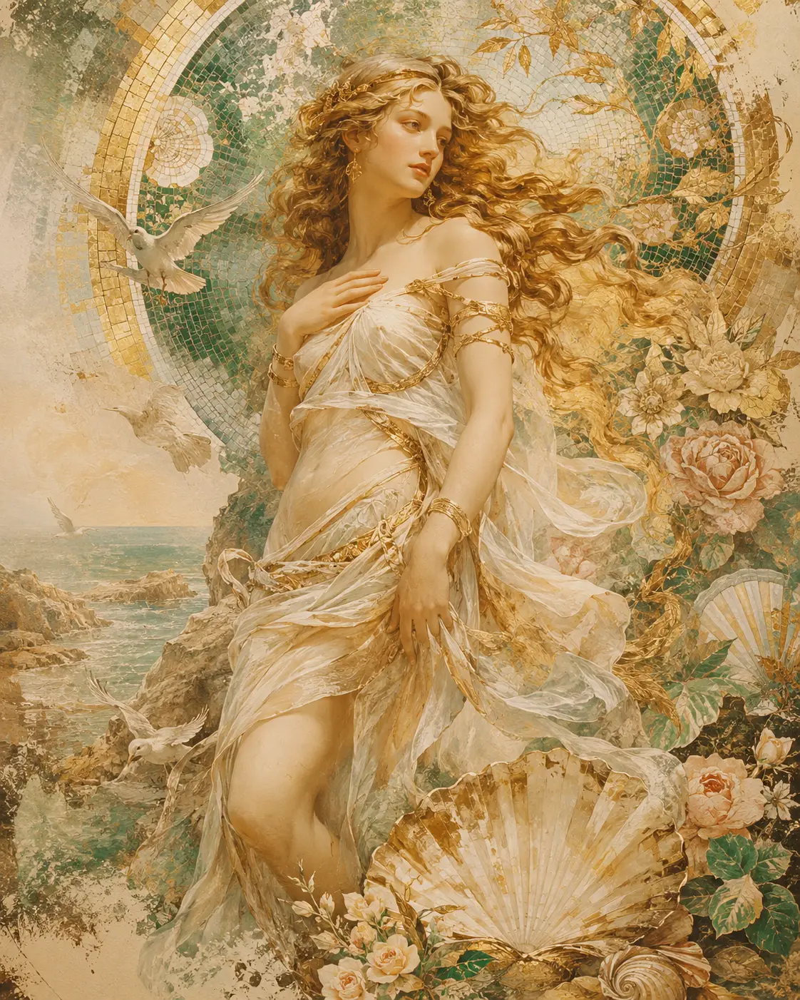 Romantic fantasy goddess portrait with golden mosaic background