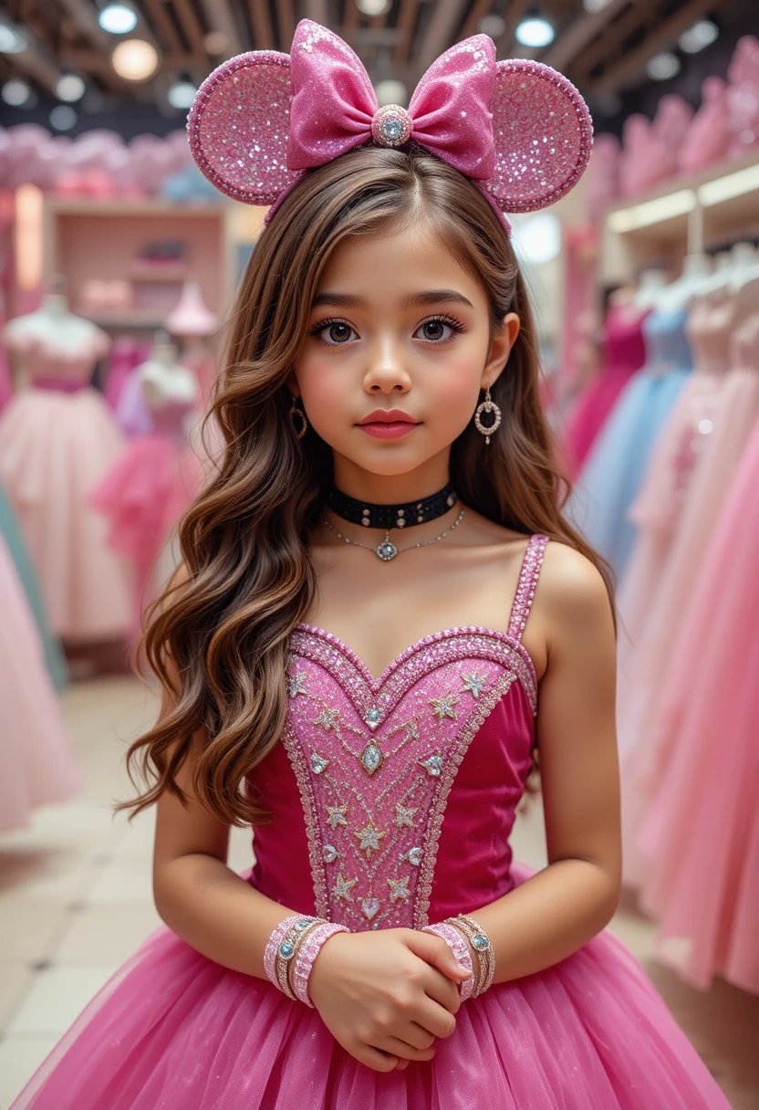 Jeune fille en robe Minnie rose dans une boutique