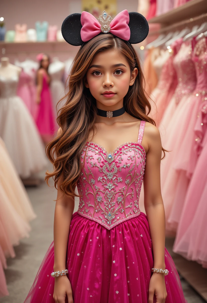 Menina com vestido rosa da Minnie em loja de vestidos da Disney