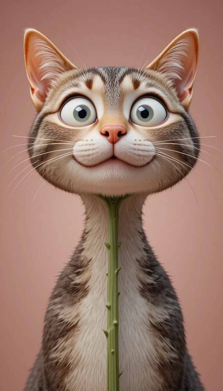 Gato 3D em close segurando uma gérbera rosa