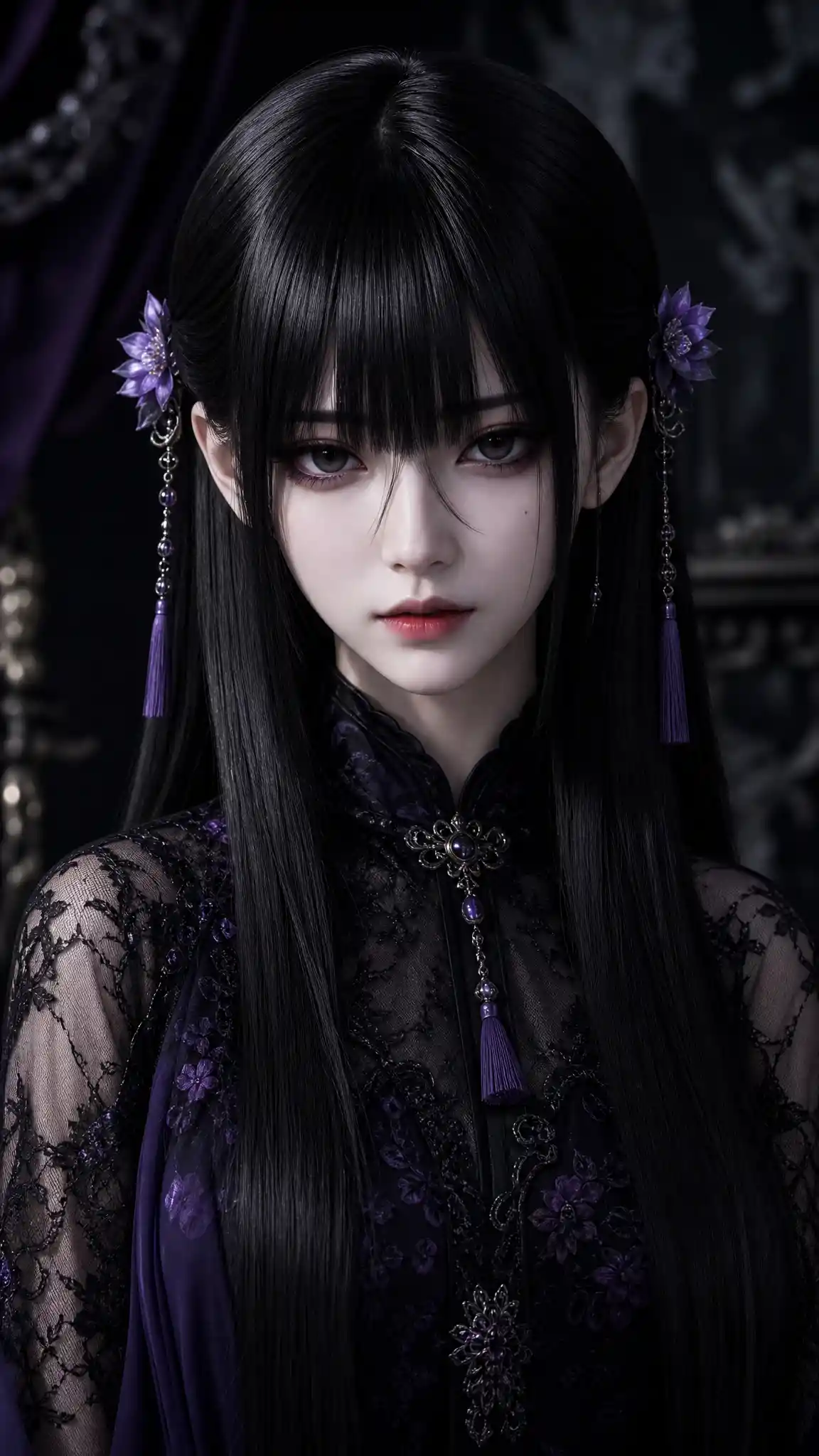 長烏黑秀髮與平齊瀏海的哥德少女