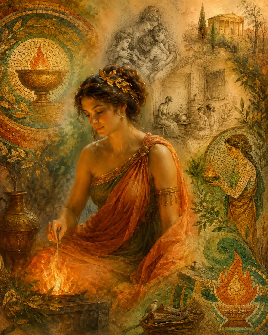 Göttin des heiligen Herdfeuers in mosaikhafter Fantasy-Illustration