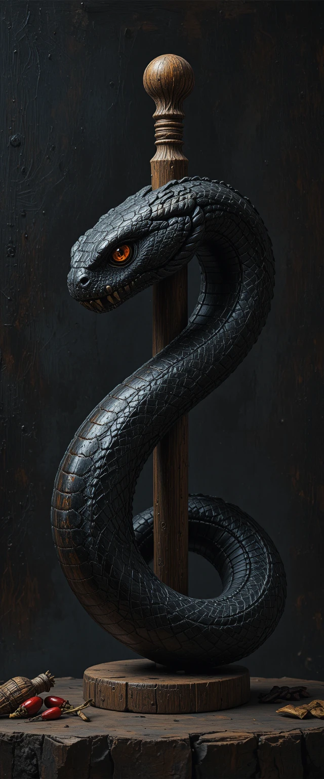 Close-up de cabo de bengala em forma de serpente com luz lateral dramática