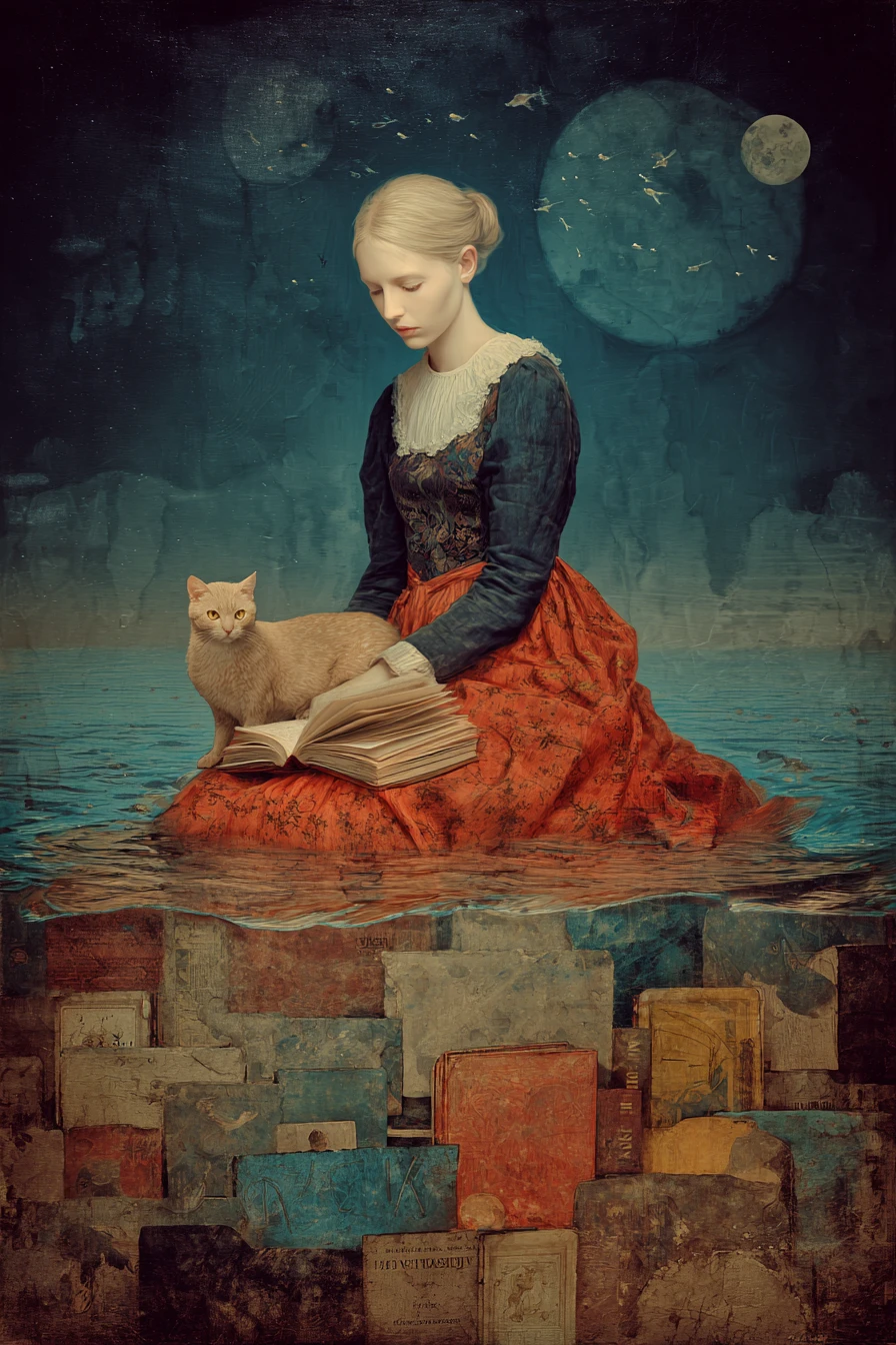 Gato loiro em pé em uma costa surreal e silenciosa à noite