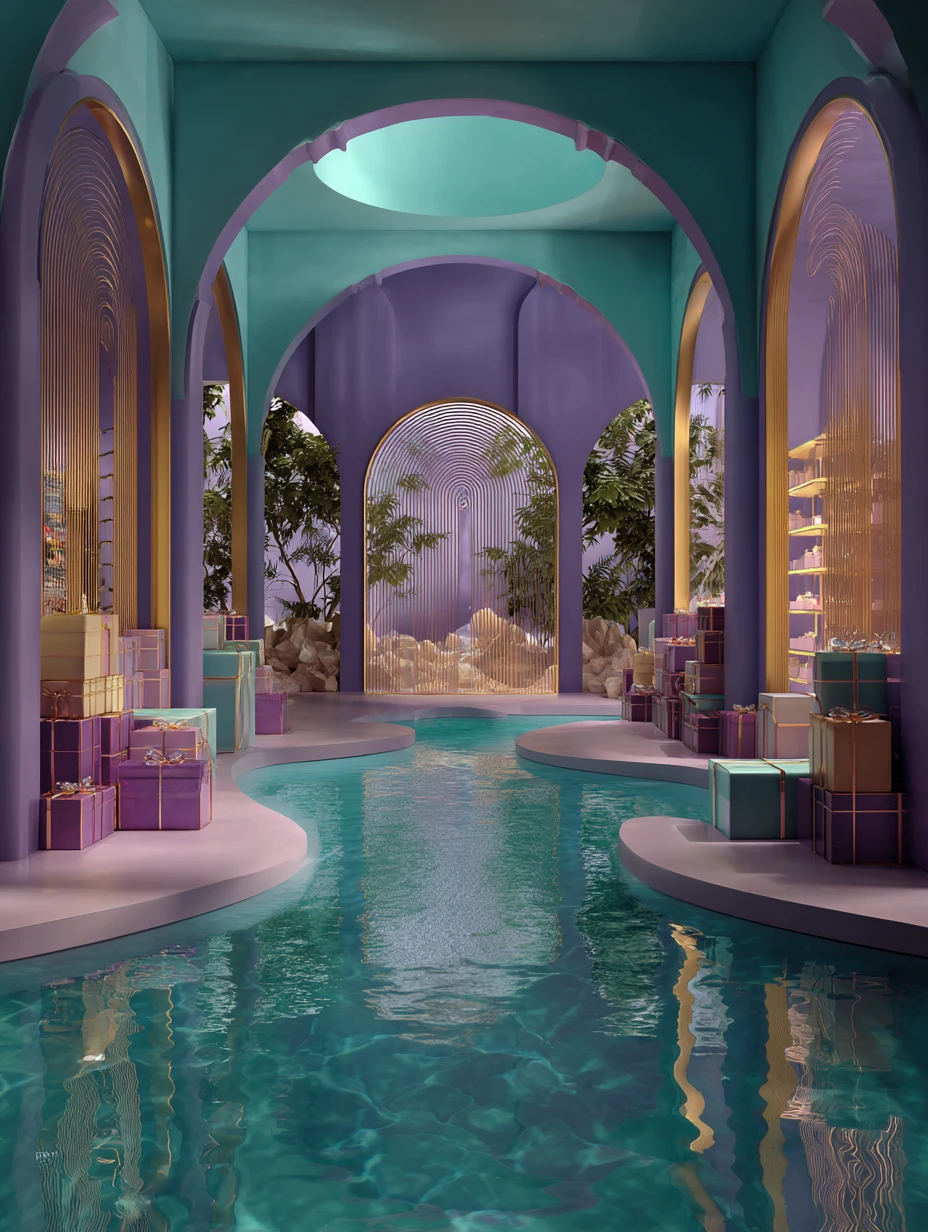 Interior de luxo surreal com expositores de caixas de presente couture