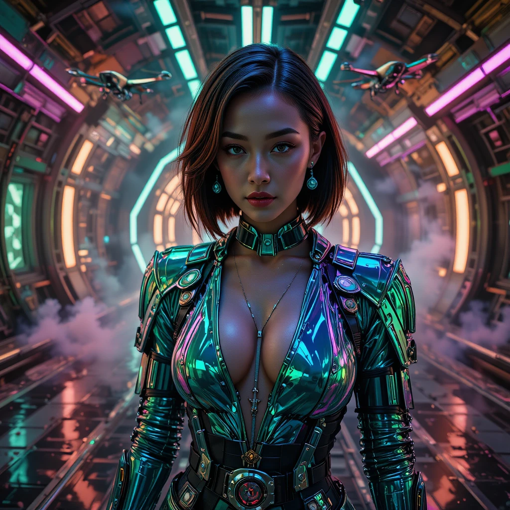 Ritratto di cacciatore di taglie futuristico in un hangar di astronavi al neon