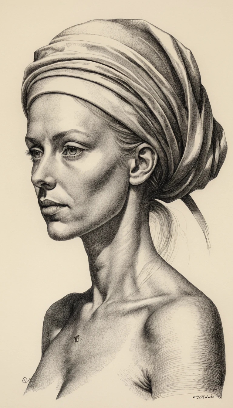 Donna nuda con bicchiere di vino in delicato disegno a matita