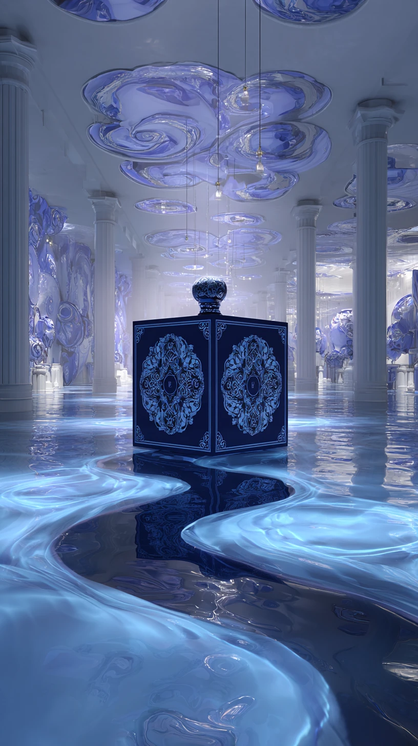 Interno di moda di lusso surreale con percorsi d’acqua fluenti