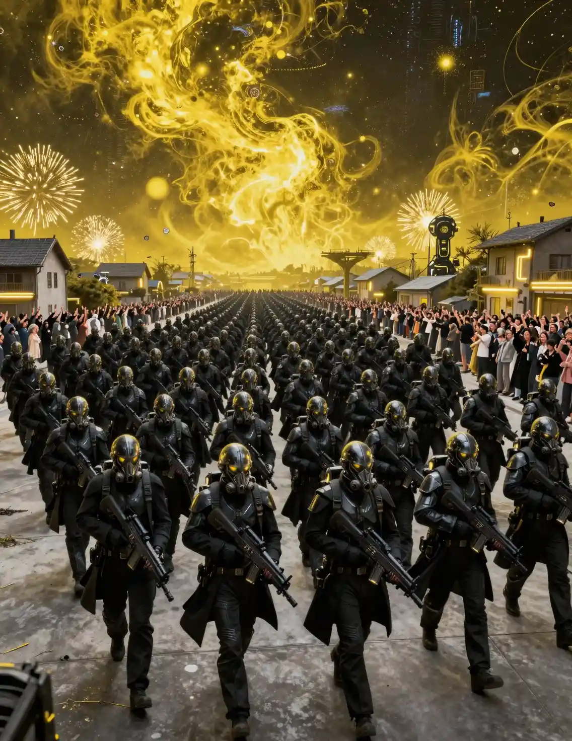 Exército futurista de soldados marchando por um campo de batalha de concreto