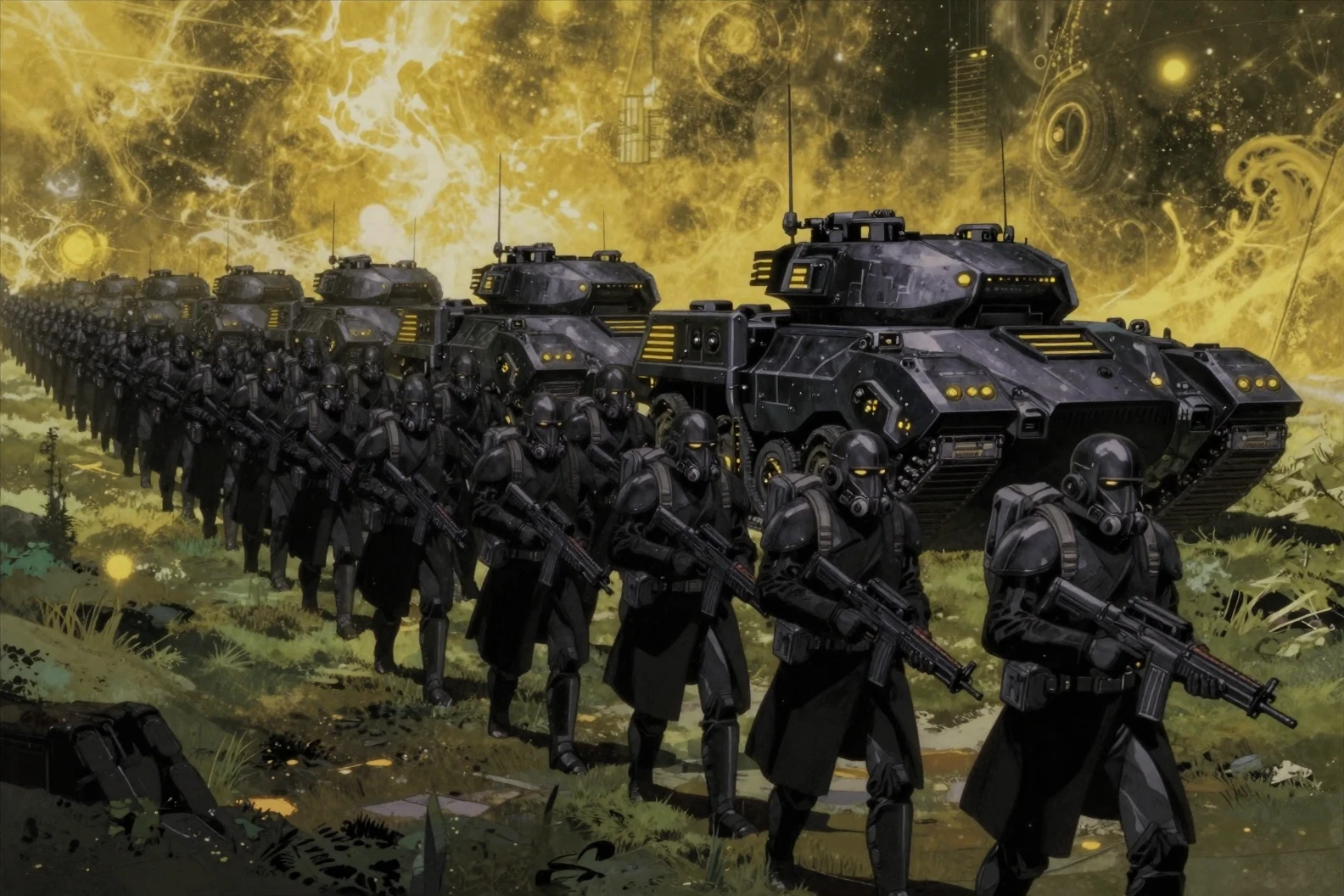 Exército futurista de soldados blindados marchando por floresta alienígena