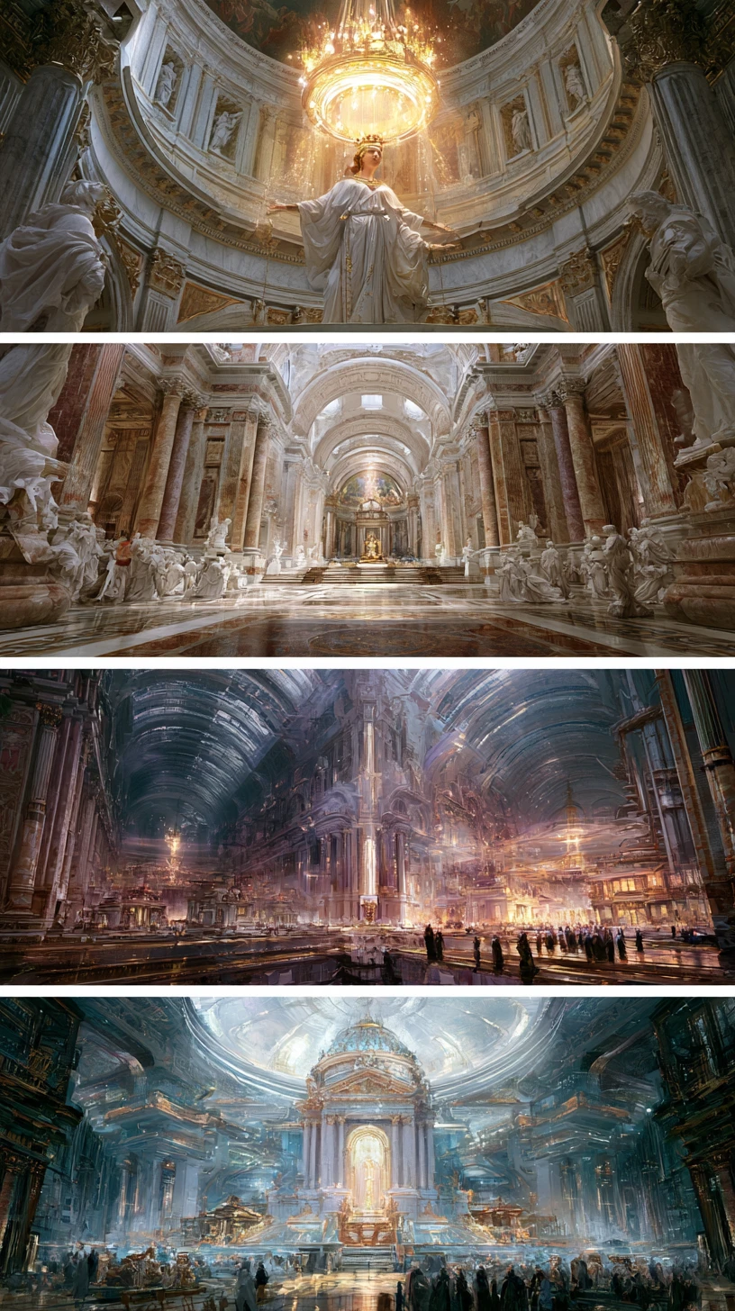 Catedrais de renascença cibernética em salões de mármore luminosos