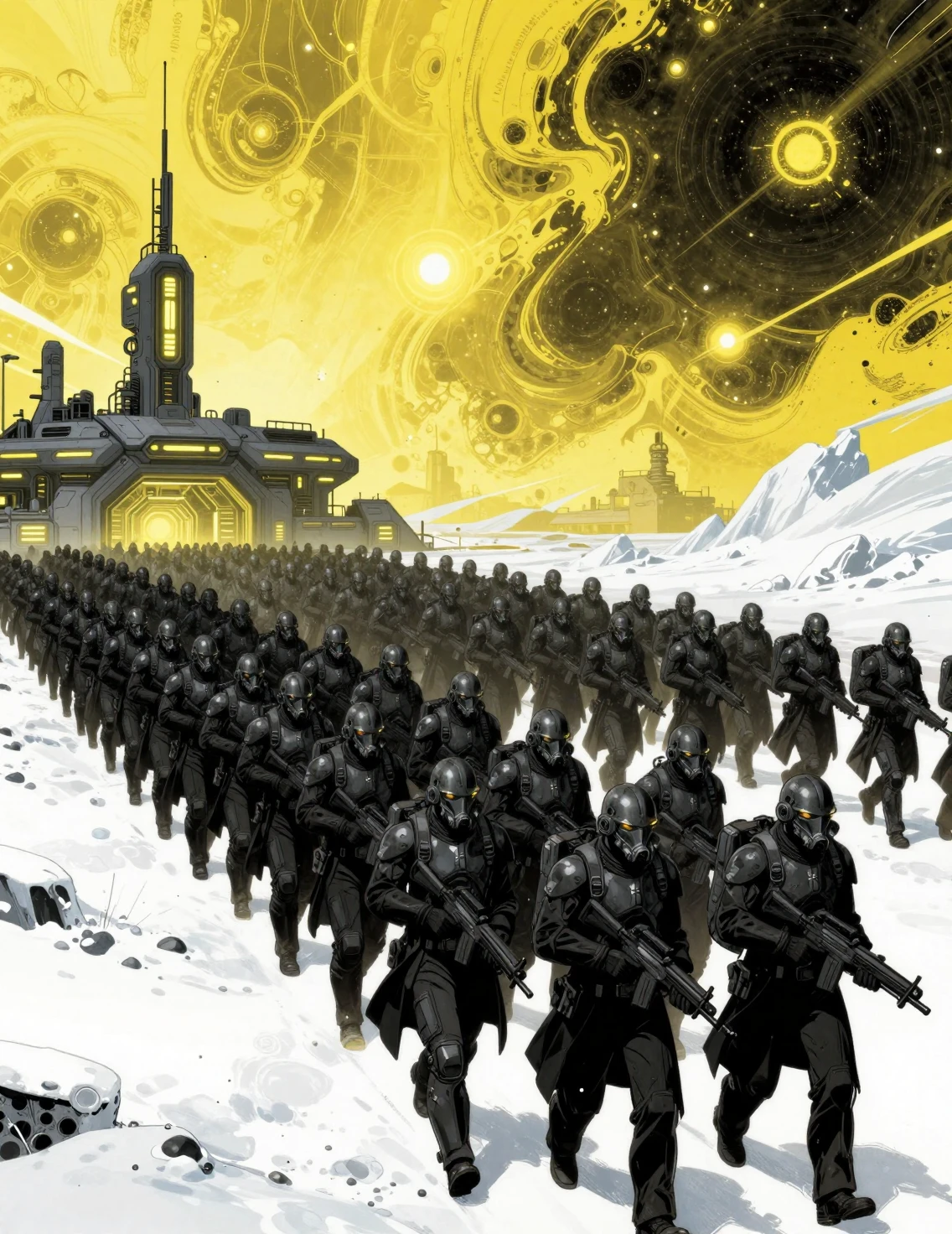 Exército futurista de soldados blindados marchando pela neve