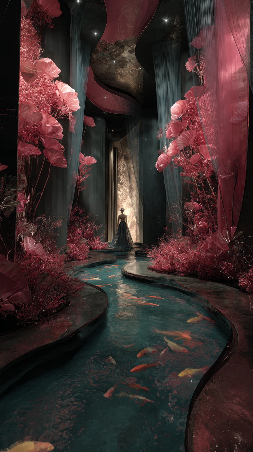 Interior de luxo surreal com expositores de caixas de presente inspirados em alta-costura
