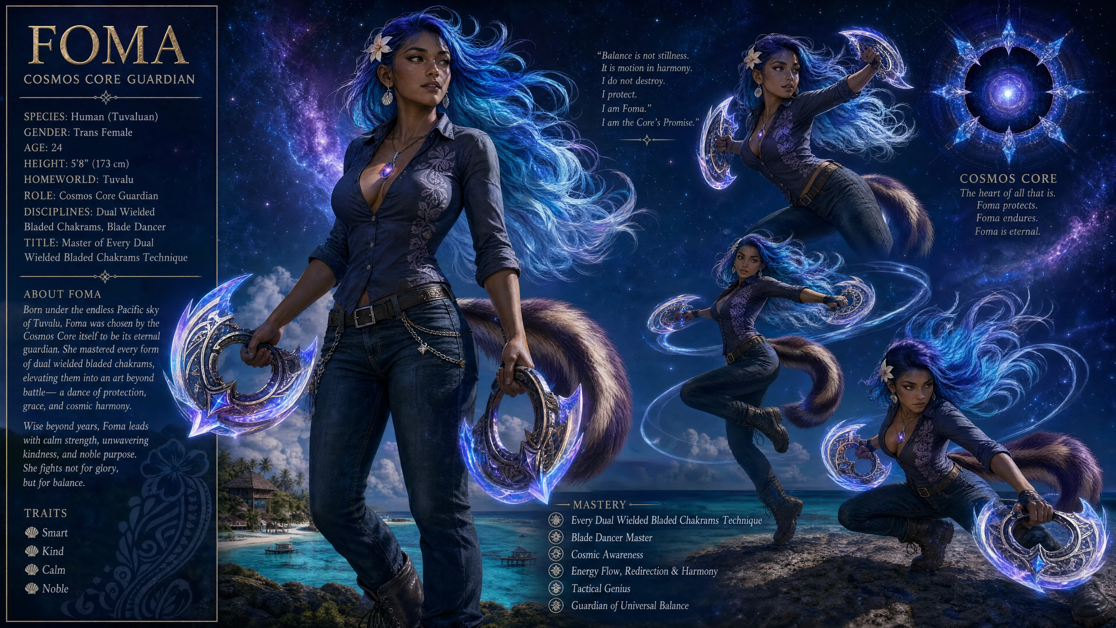 Guerriera cosmica con capelli blu fiammeggianti e chakram