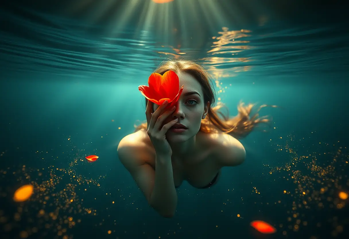 Donna mistica che nuota in un oceano oscuro con un fiore luminoso