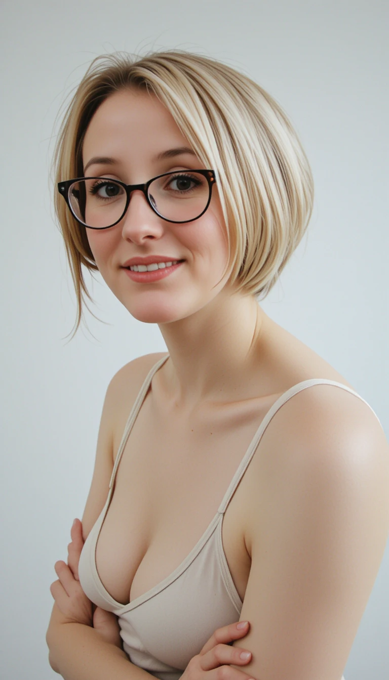 Joven sonriente con gafas en pose de perfil