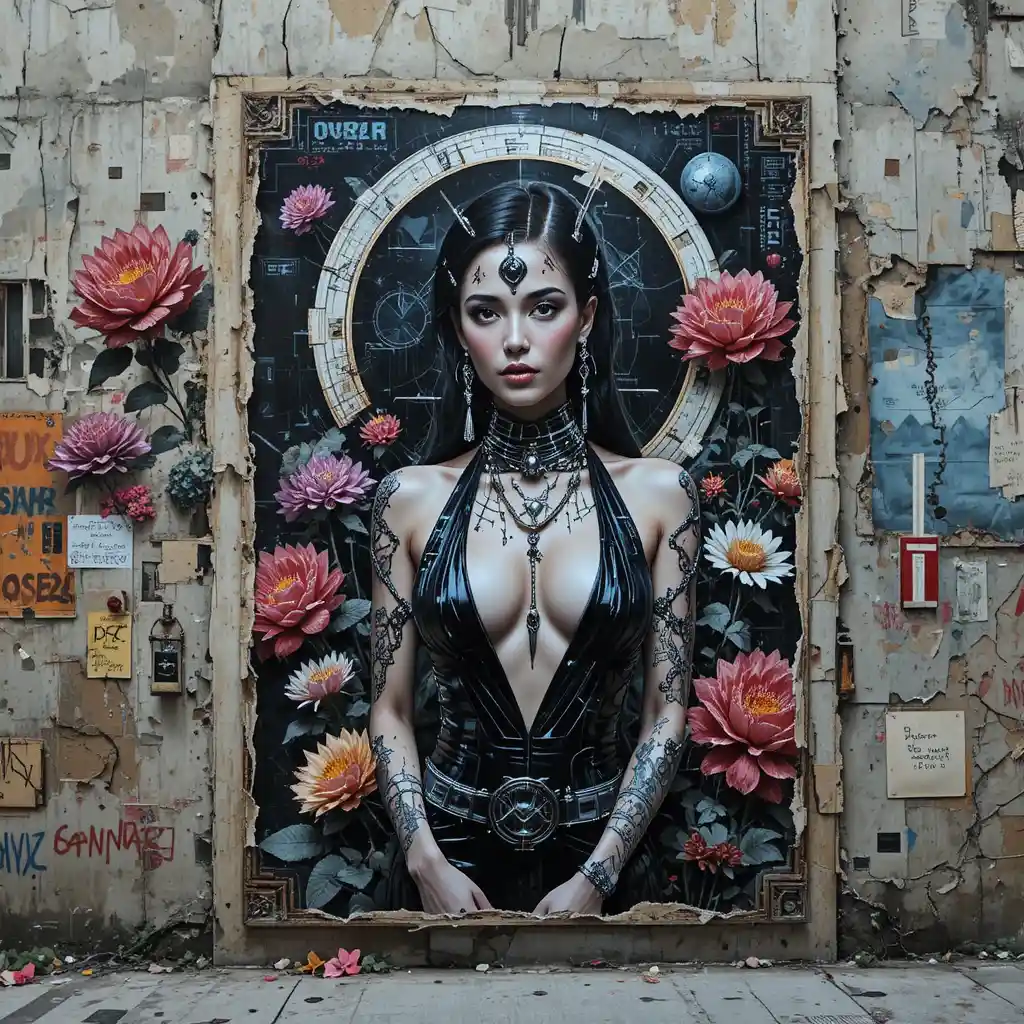 Mulher cyberpunk em pôster de rua rasgado com botânicos em neon