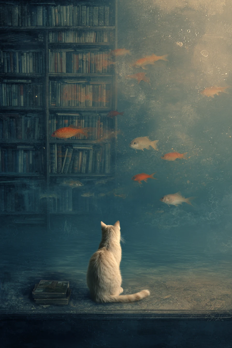 Gato loiro surreal à beira de uma costa silenciosa ao luar