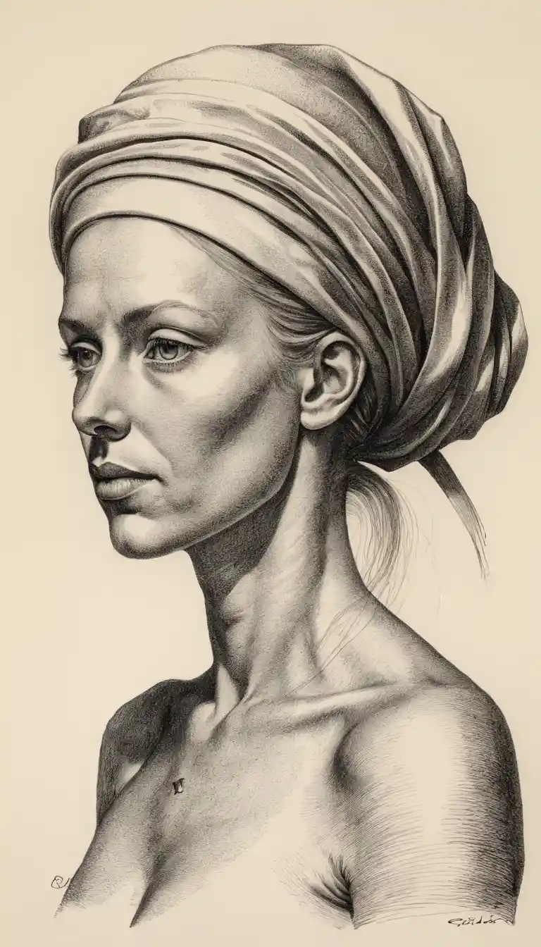 Donna nuda con bicchiere di vino in delicato disegno a matita