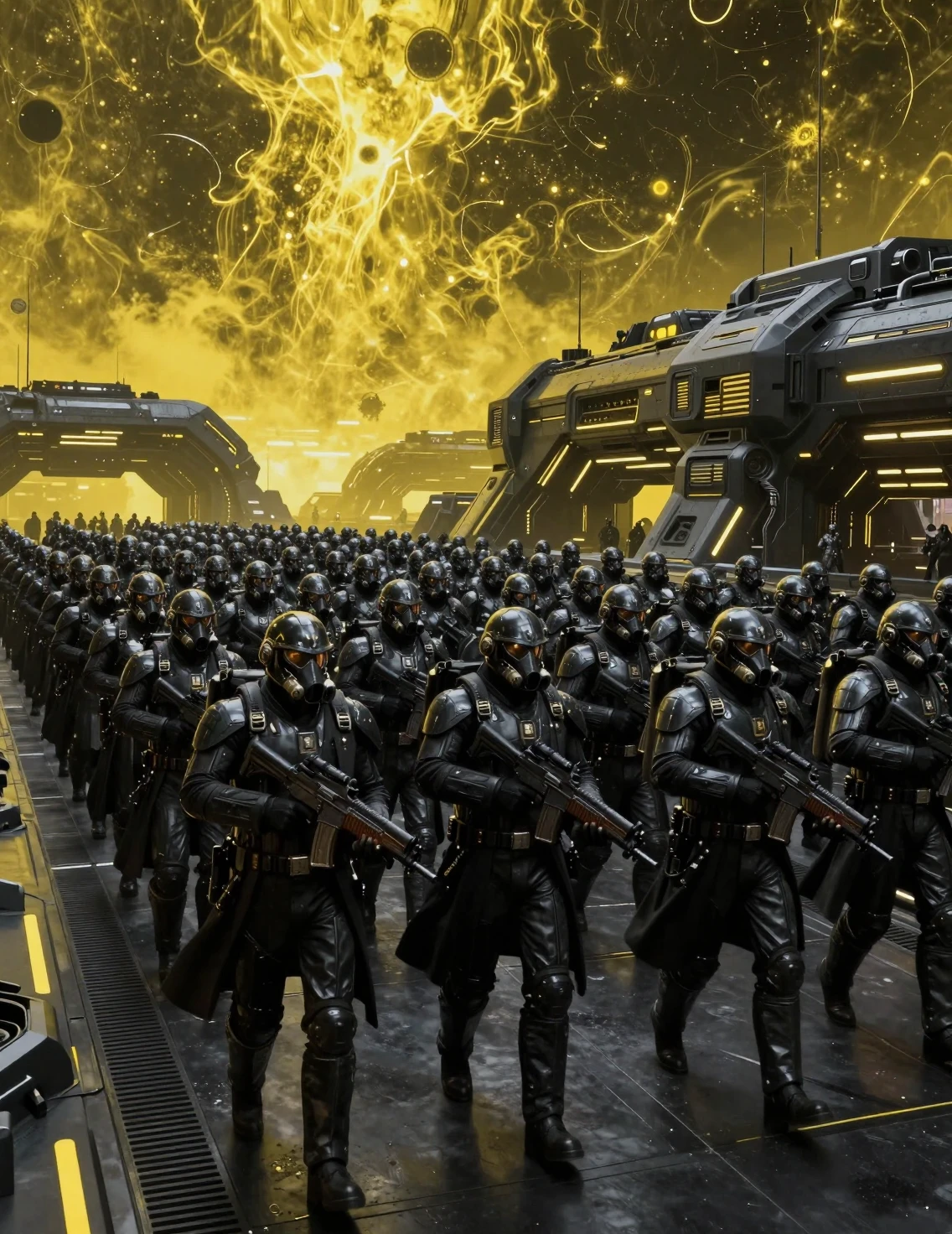 Imensa tropa sci‑fi de supersoldados com armadura negra