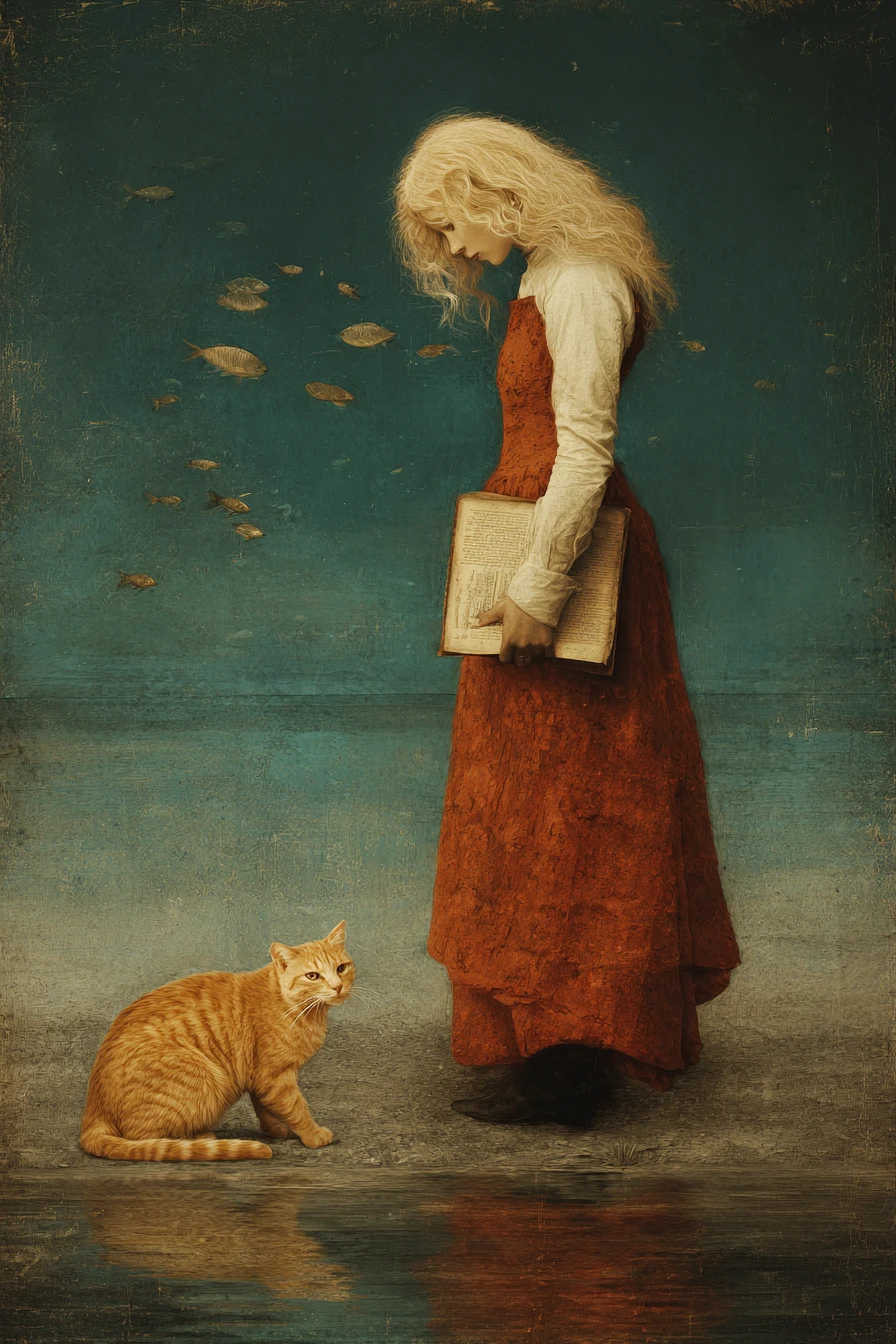 Grande chatte blonde fantastique sur un rivage surréaliste