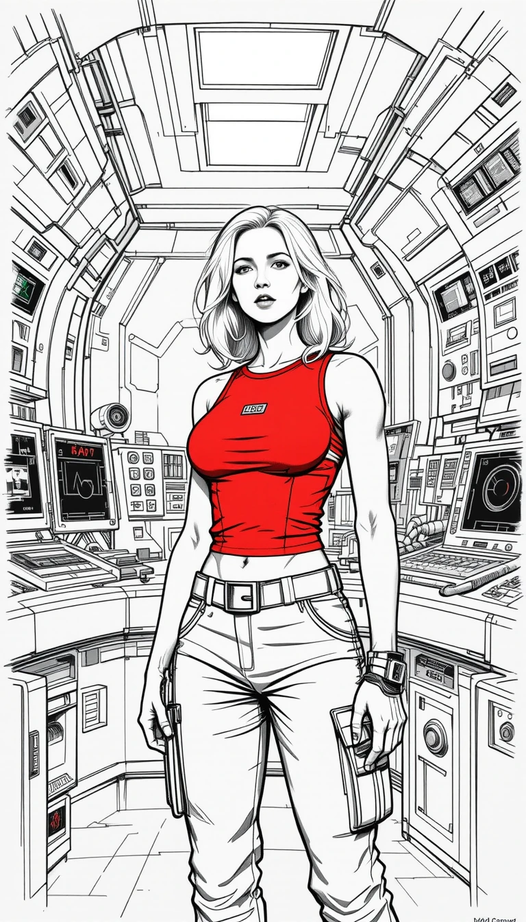 Heroína espacial loira e durona em uma sala de controle iluminada