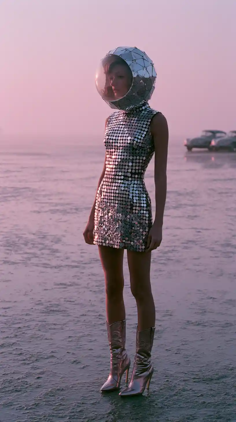Surreal fashion woman in mirrored dress on misty shore