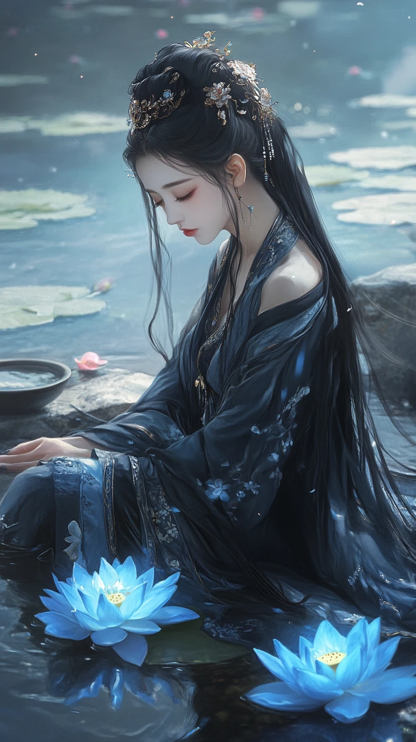 幻想夜色中發光蓮花池畔的優雅女子