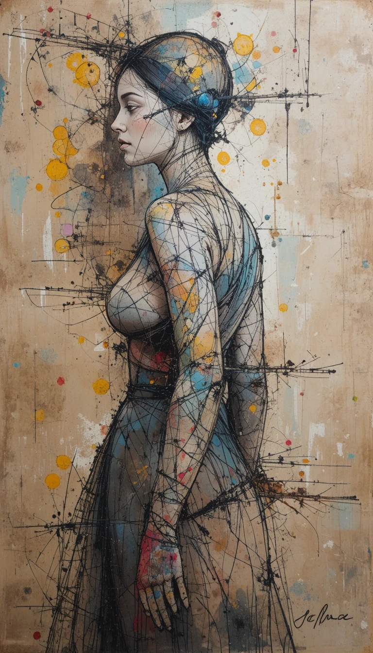 Mulher introspectiva em manto abstrato com pinceladas gestuais