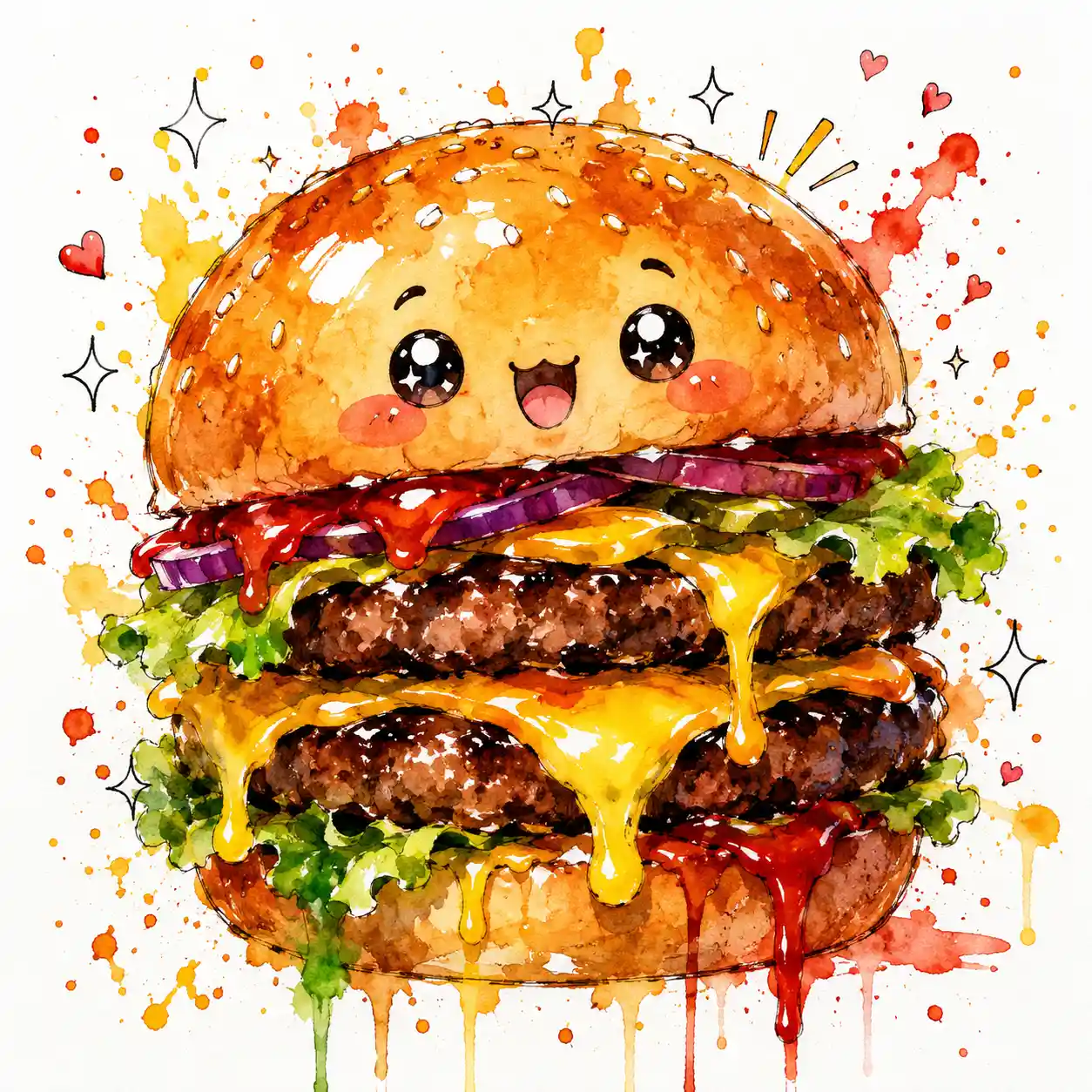Whimsical watercolor anime burger with dripping cheese