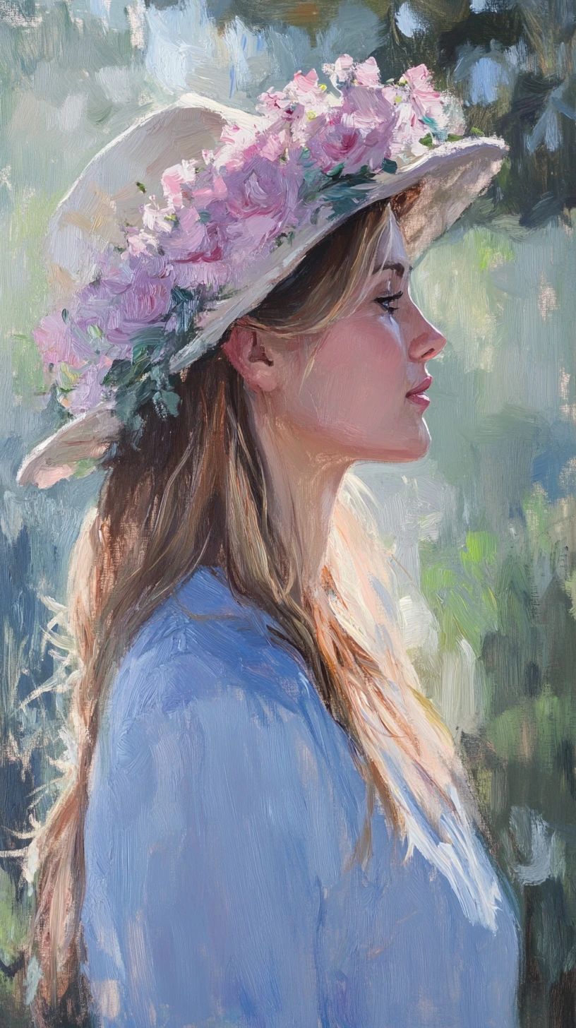 Ritratto impressionista di profilo di una ragazza con cappello di fiori