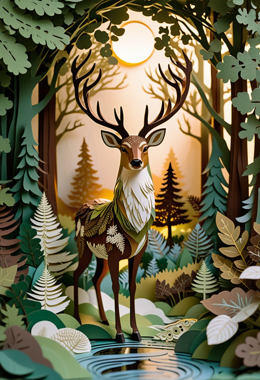 Cervo majestoso em diorama de floresta em camadas de papel