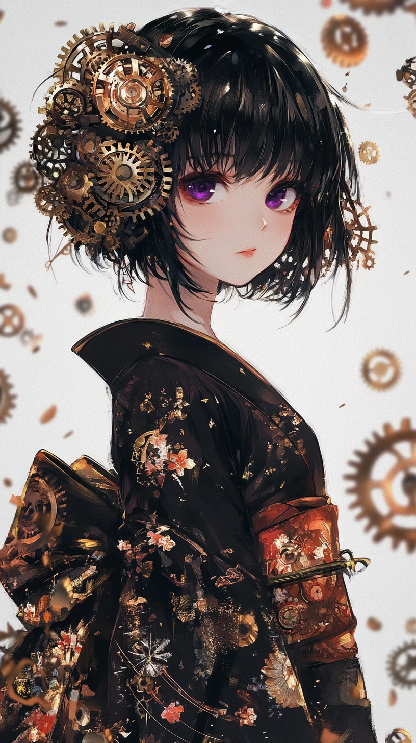 Steampunk anime girl in kimono amid floating clockwork