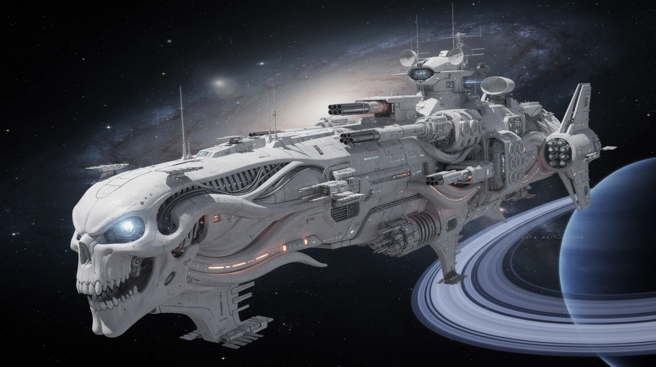 Colossal nave de guerra alienígena cruzando o espaço profundo