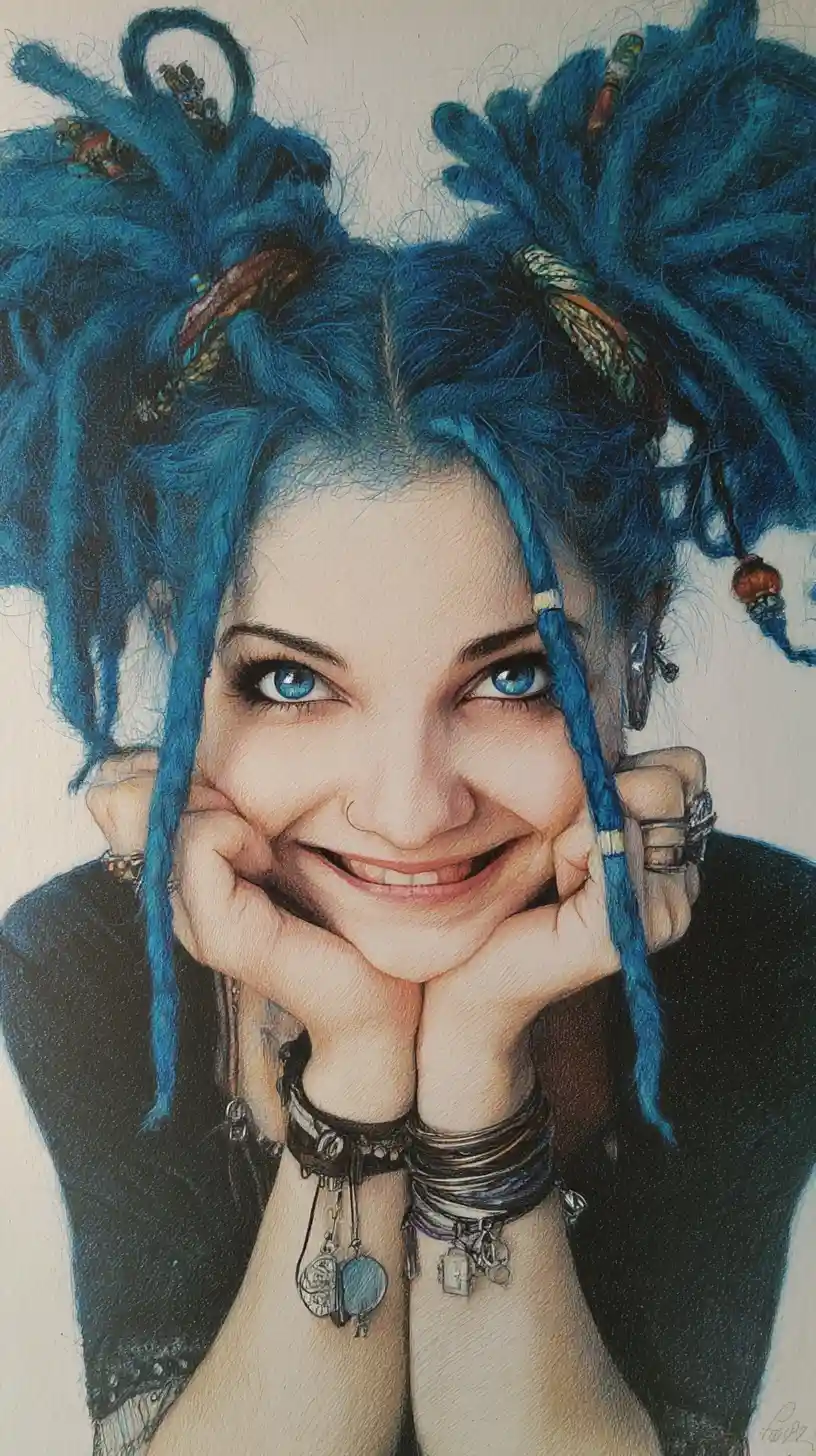 Mulher brincalhona com dreadlocks azuis em cena urbana iluminada como giz