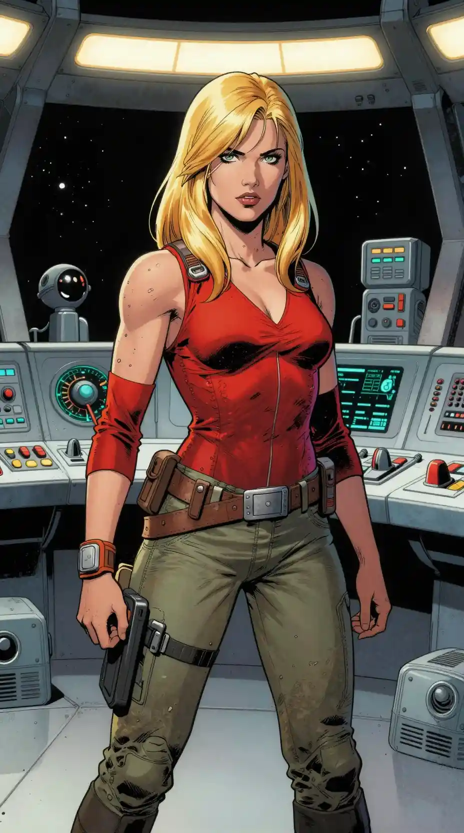 Toughe blonde Weltraumheldin in einem hellen Kontrollraum