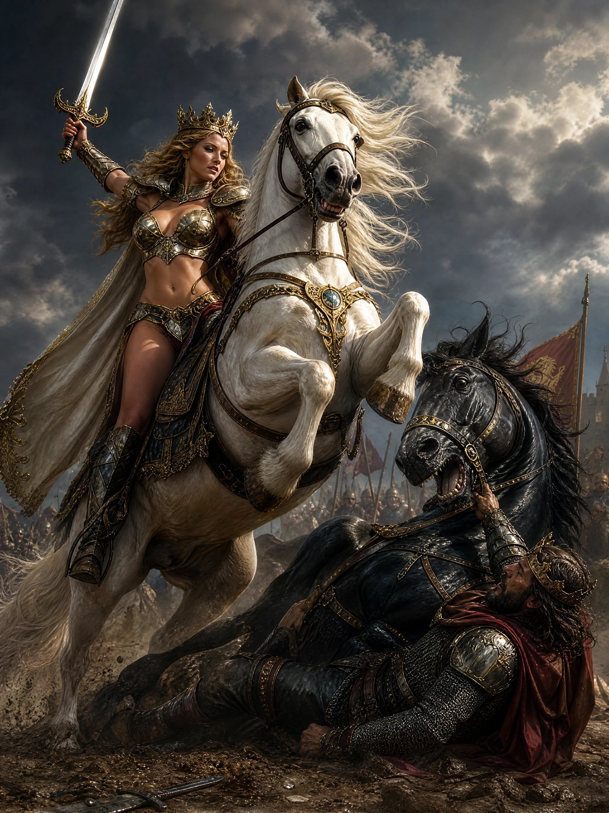 Rainha Arthur liderando uma triunfante investida de cavalo de fantasia