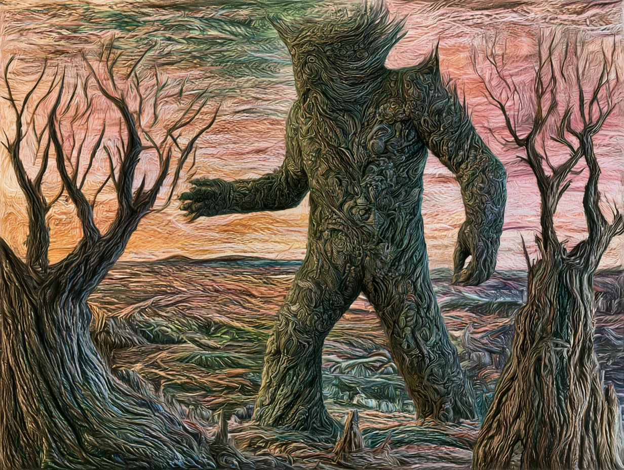 Ser humanóide surreal emergindo de uma lama primordial em turbilhão