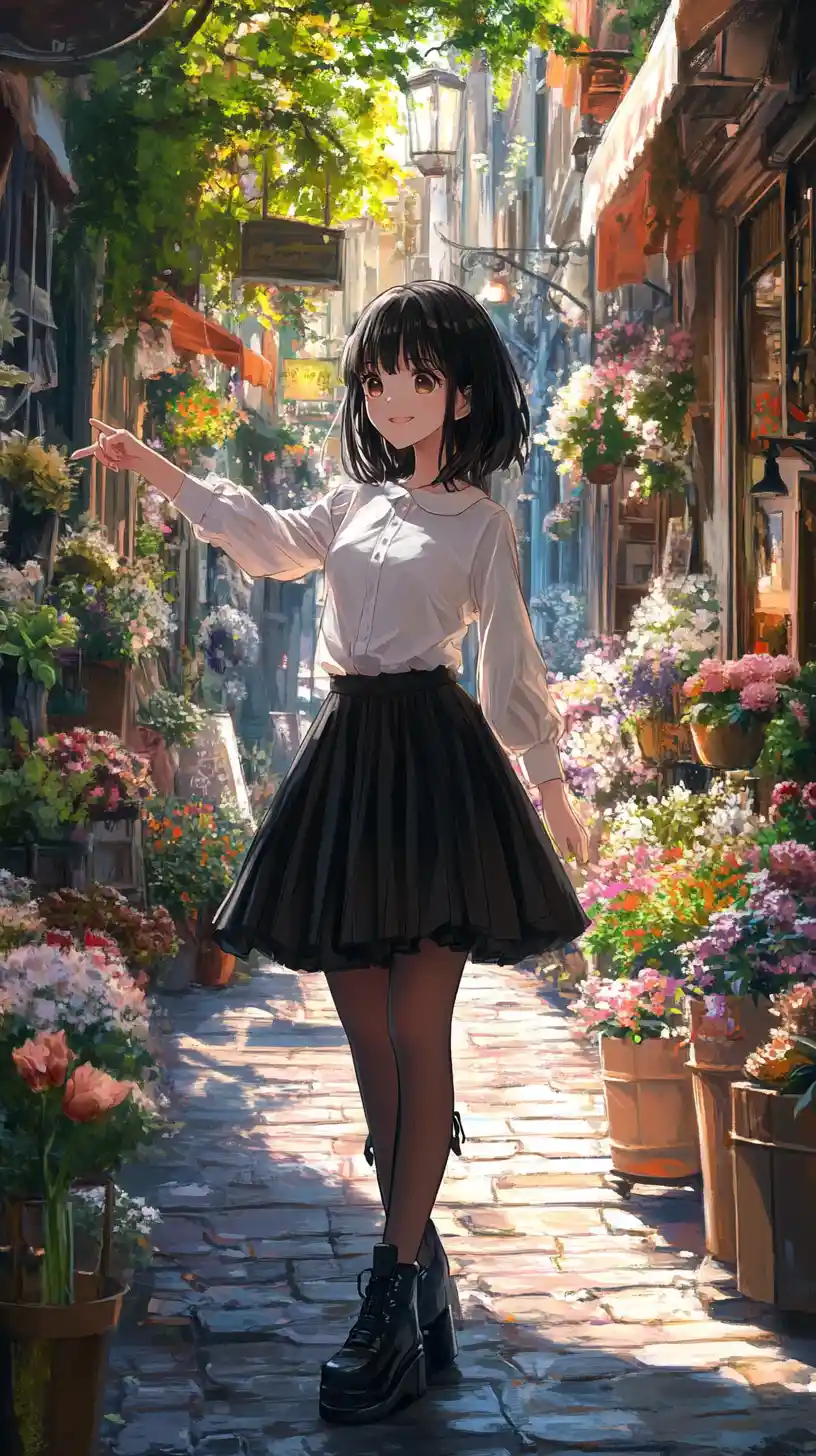 Garota de anime em viela europeia ensolarada com floriculturas