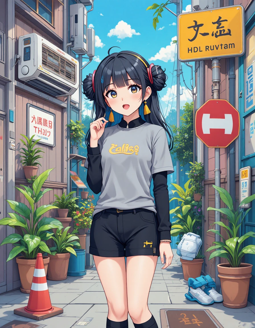 シンプルな部屋に立つカジュアル服のアニメ少女