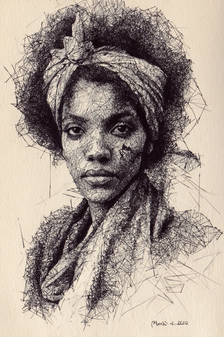 Retrato en grafito texturizado de una mujer negra con moño afro