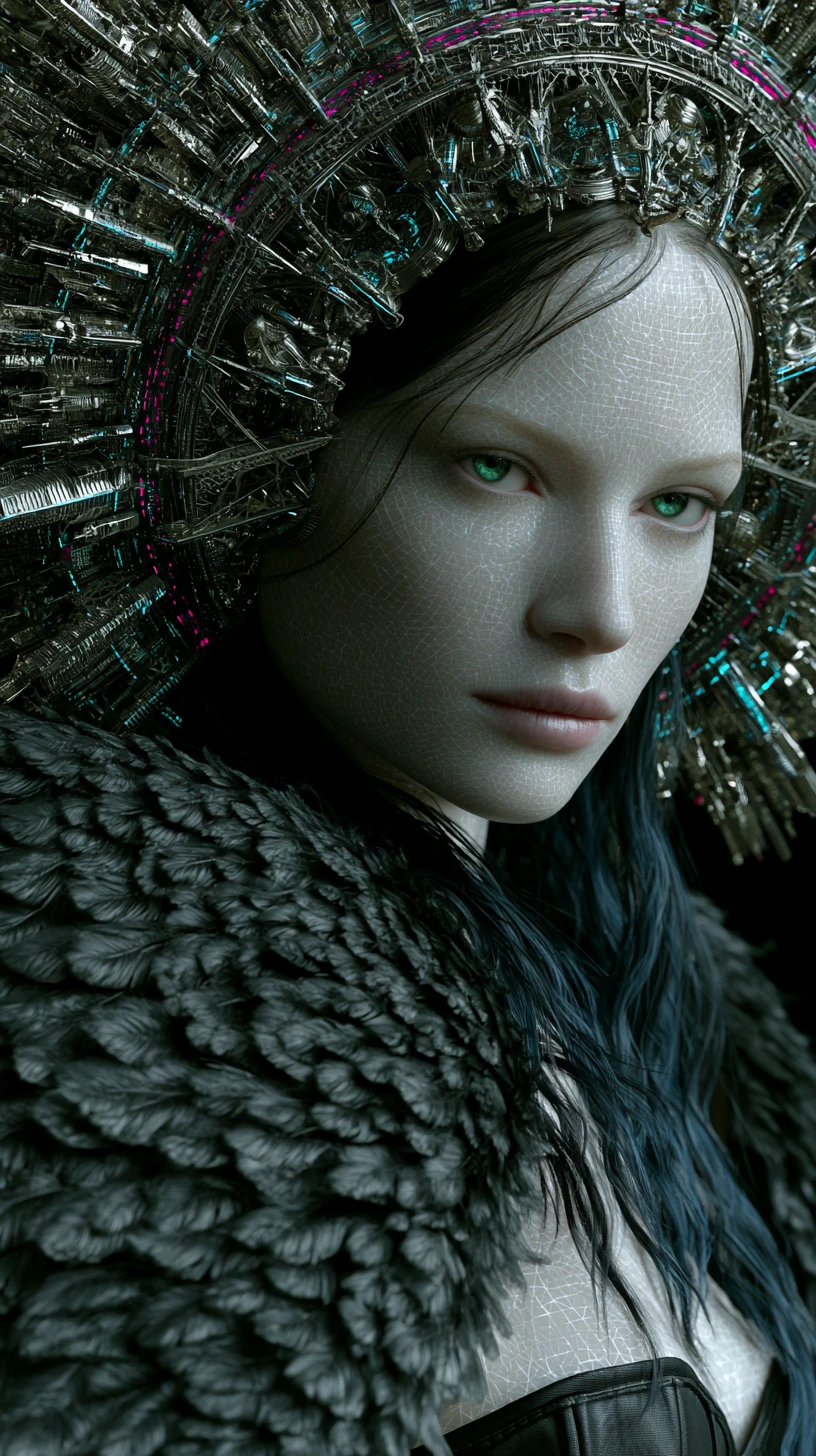 Mulher etérea com auréola cyberpunk e asas de anjo negras