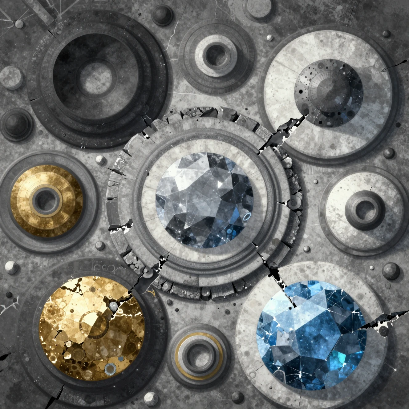 Cercles de pierre superposés autour d’un cristal bleu‑gris central