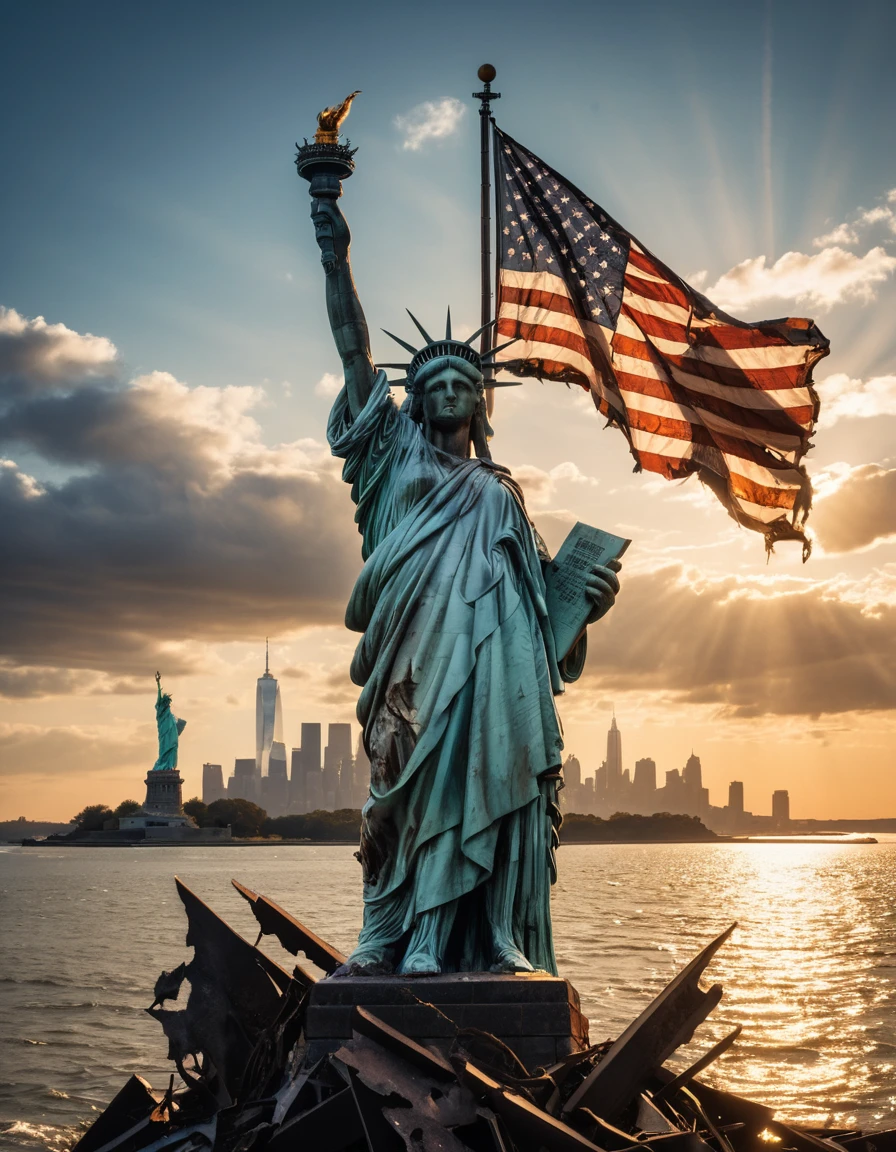 Bandeira americana desgastada sobre Estátua da Liberdade em decomposição