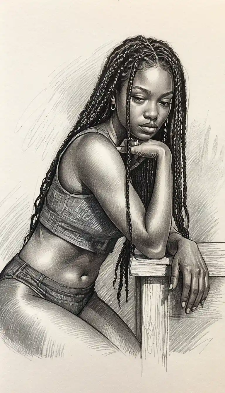 Desenho a grafite de uma mulher apoiada em um bloco retangular